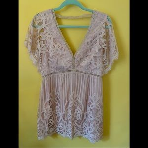 Blush pink lace flutter sleeve dress